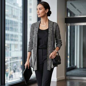 Dana Buchman Cardigan Women Large Black White Excellent Medallion Open Front